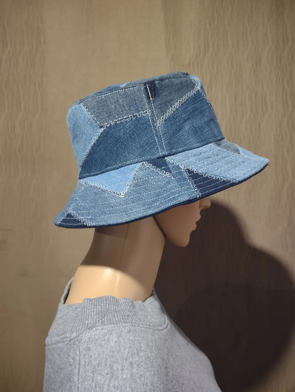 Handmade Upcycled Reversible Patchwork Denim & Navy Bucket Hat - Picture 4 of 12